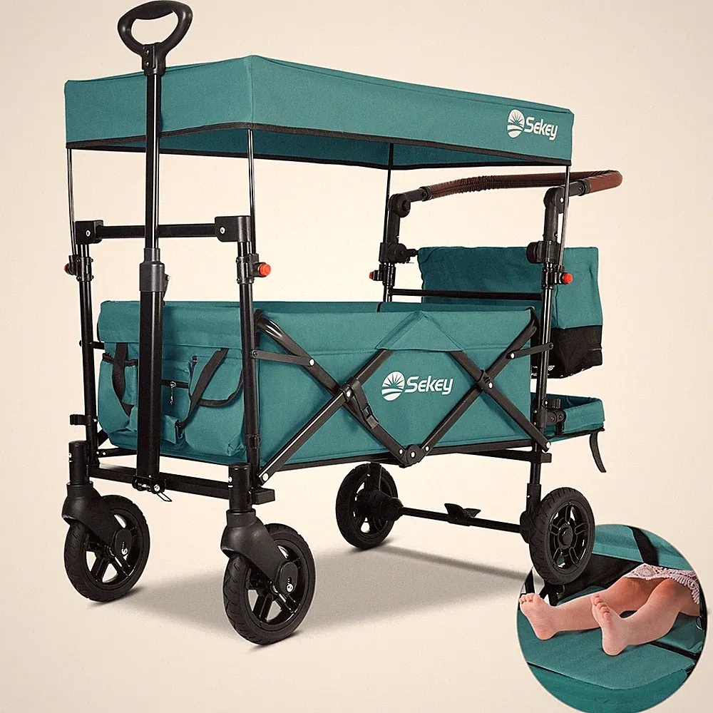 Bollerwagen Faltbar mit Dach 150KG Kinderwagen mit 2x 3-Punkt Sicherheitsgurten