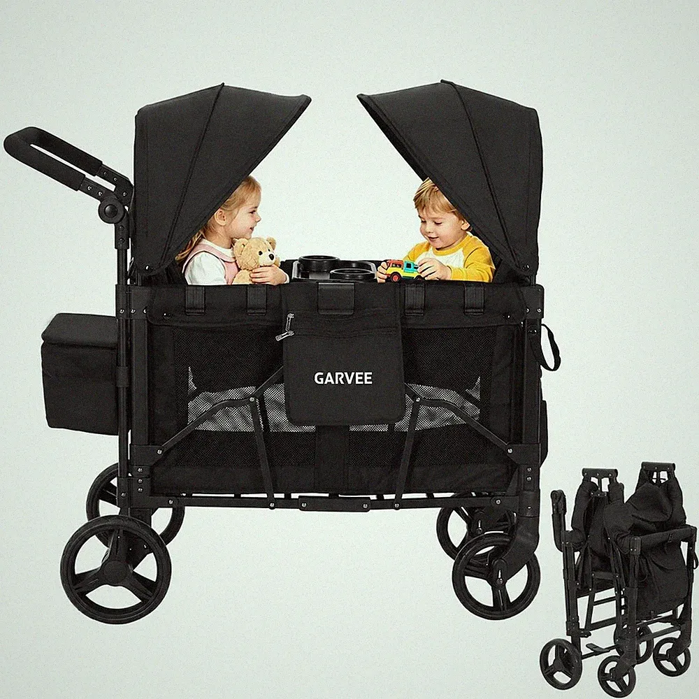 Bollerwagen Für 2 Kinder, Bollerwagen Faltbar Kinder mit Snack Ablage mit Sitzen