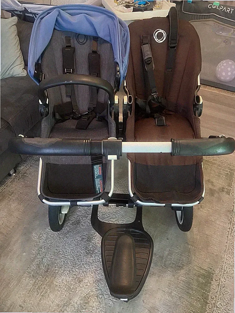 Bugaboo Zwillingskinderwagen Zweisitzer mit 5-Punkt-Gurt Grau Braun Blau