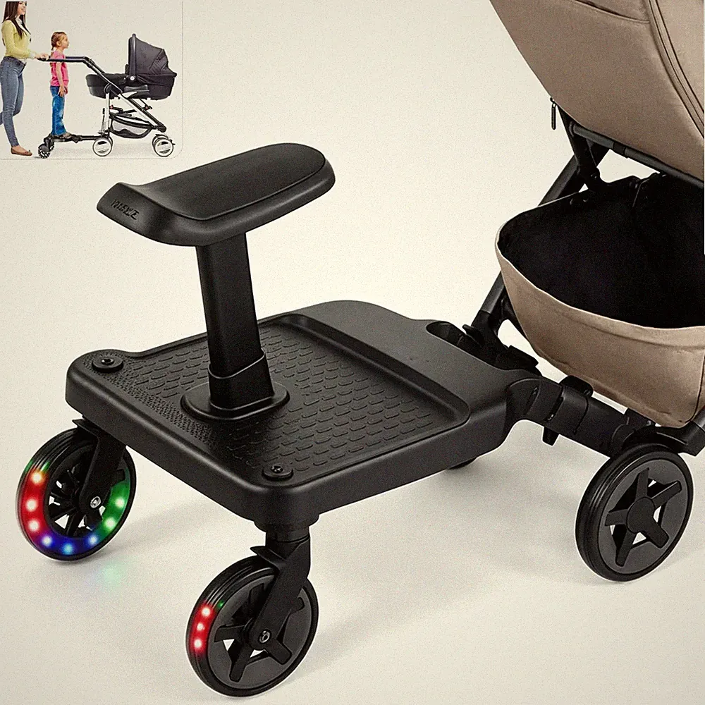 Buggy Board mit Sitz Kinderwagen Trittbrett LED Räder Universal 25kg