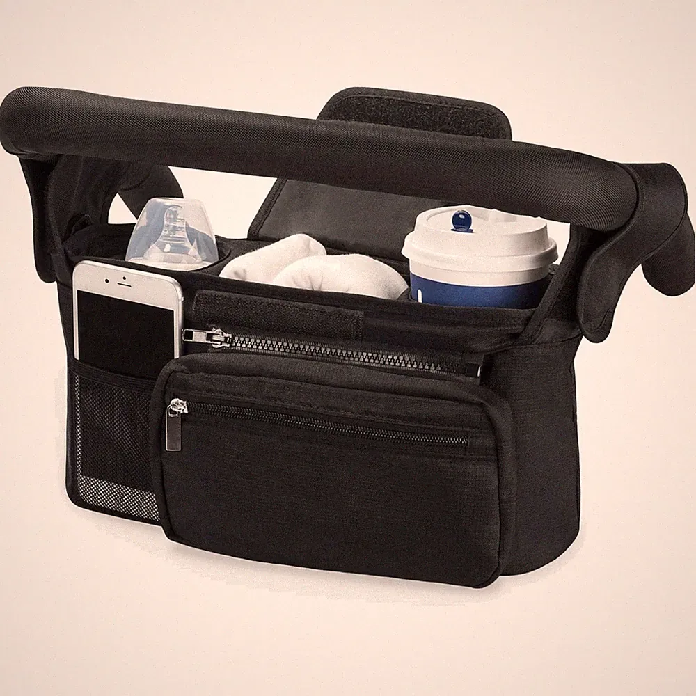 Buggy Kinderwagentasche mit Reißverschlusstasche, Schultergurt, Schwarz