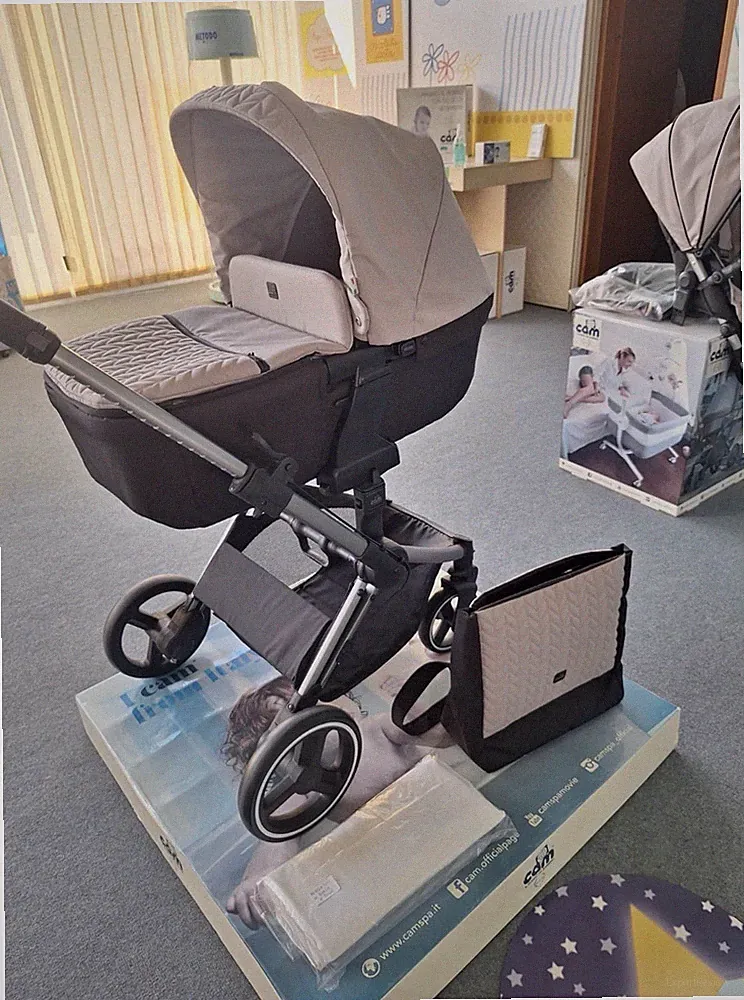 CAM Kombikinderwagen & Sportwagen Set Beige/Schwarz mit Fußsack, Tasche