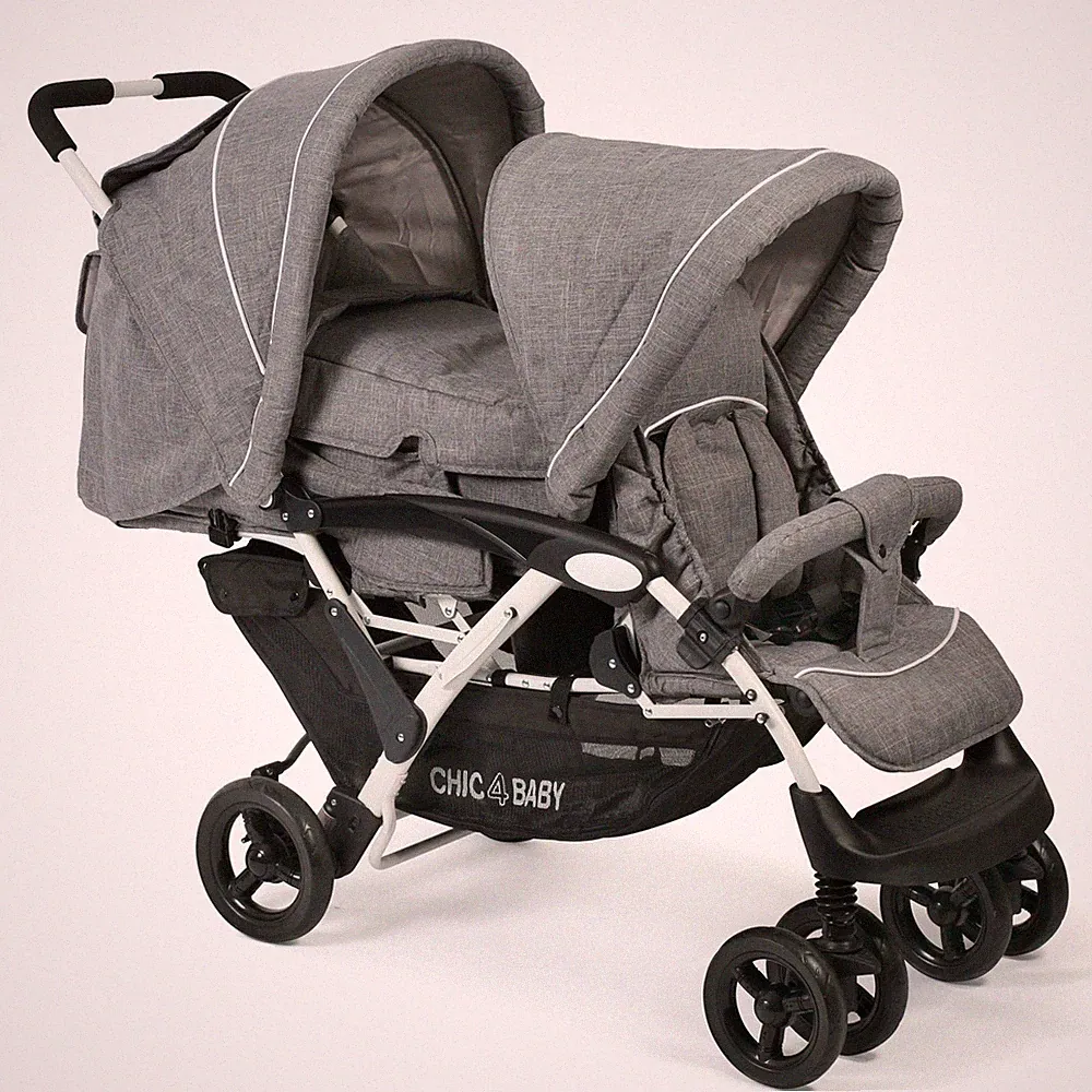 Chic 4 Baby Geschwisterwagen Duo + Tragetasche & Regenhaube grau-weiß Neu