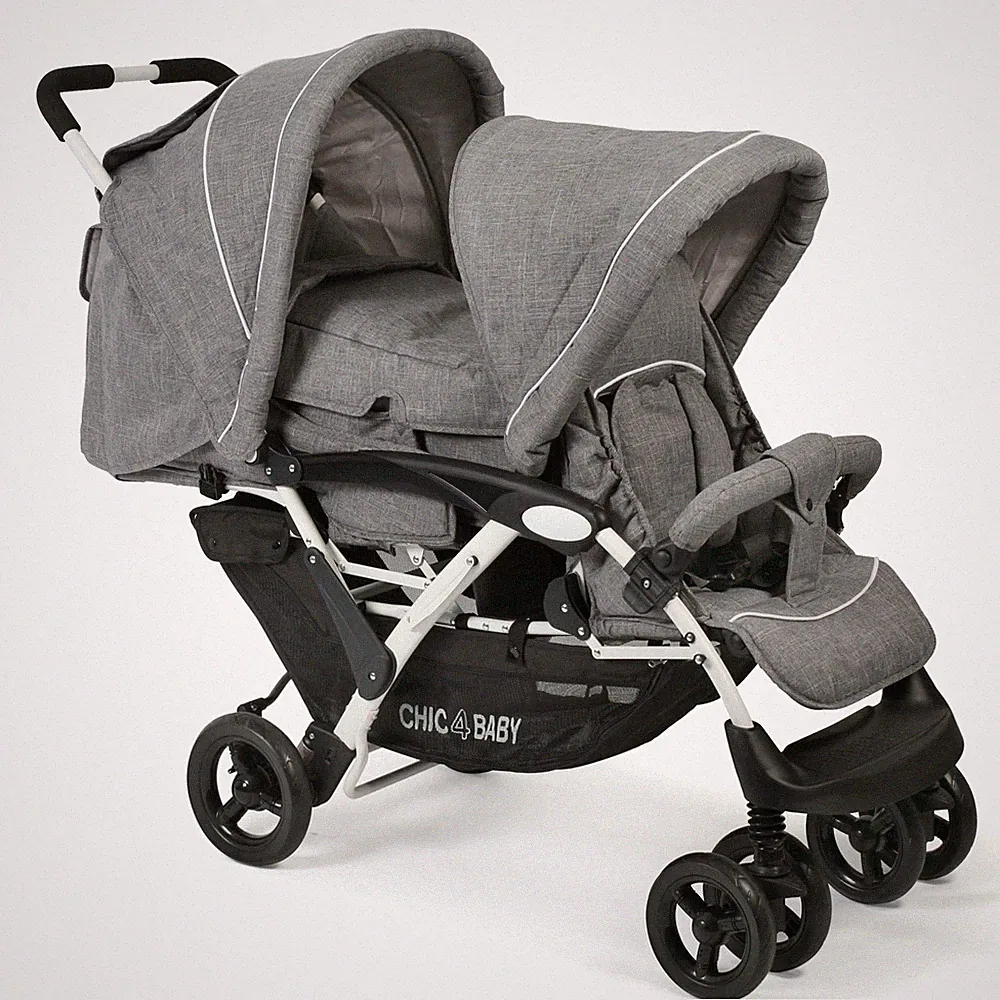 Chic 4 Baby Geschwisterwagen Duo + Tragetasche & Regenhaube grau-weiß Neu