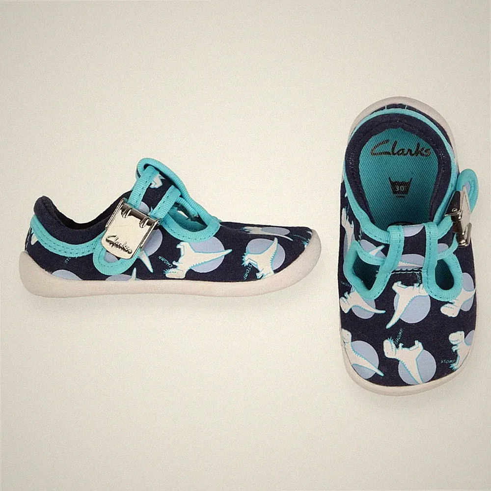Clarks Kinderwagenschuhe blau Dinosauriermuster Schnallenverschluss Jungen, UK 3F/EUR 19
