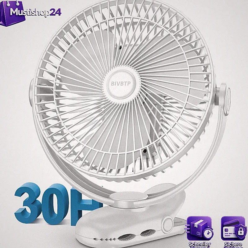 Clip-On Ventilator 20cm 10000mAh Akku 4 Geschwindigkeiten USB für Kinderwagen