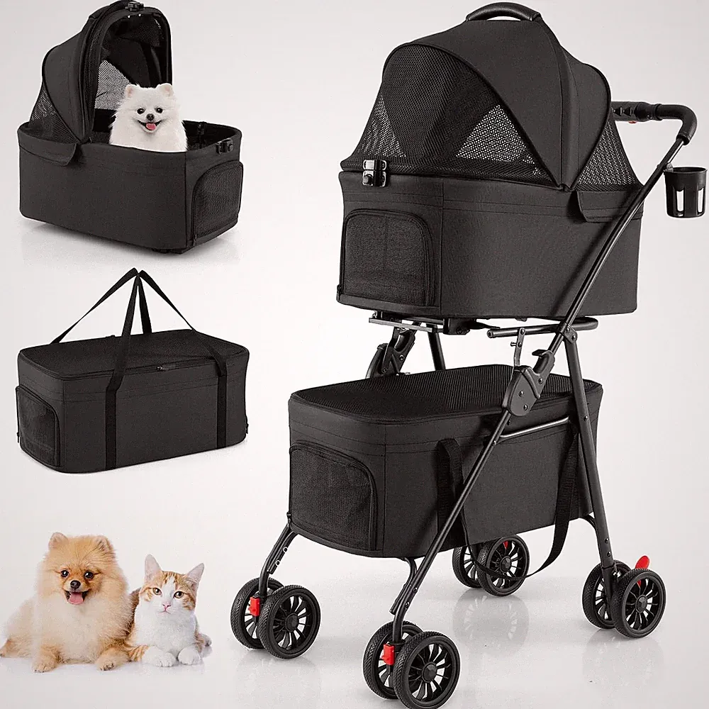 COSTWAY 3 in 1 Hundewagen Klappbar, Hundebuggy 2 Etagen, Haustierwagen Mit Verst