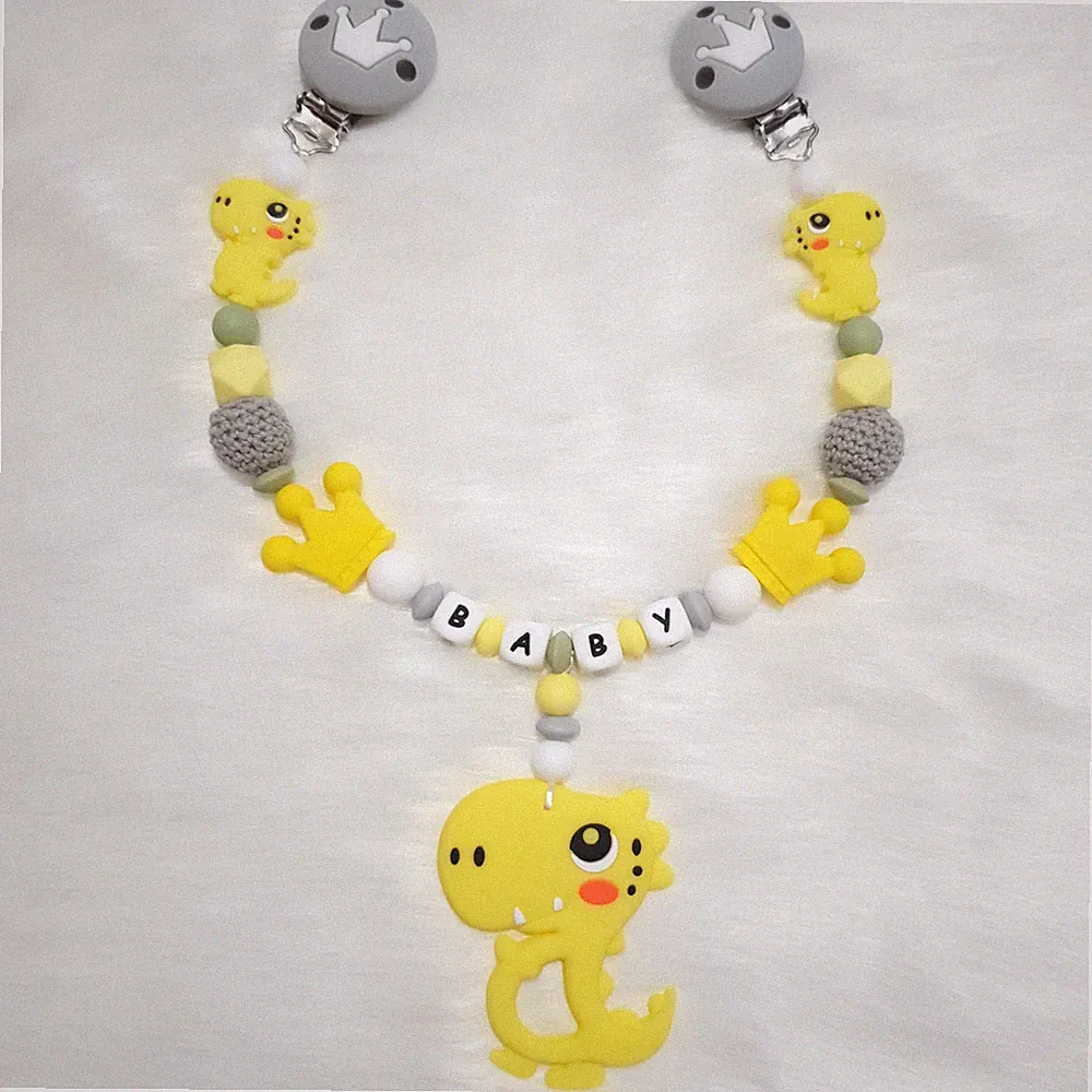 dino silikon Schnullerkette Set mit Name für Jungen und Mädchen | Gelb farbe