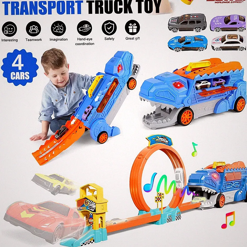 Dinosaurier LKW Spielzeug für Jungen mit 4 Mini Rennwagen Geschenk für Kinder DE