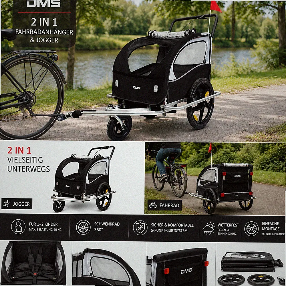 DMS Kinder Fahrradanhänger 2in1 Kinderwagen Jogger für 2 Kinder Anhänger