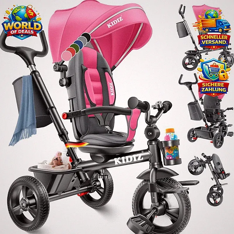 Dreirad 6in1 Lenkbar ab 9 Monaten bis 25kg Jogger Klappbar Rosa mit Sonnendach