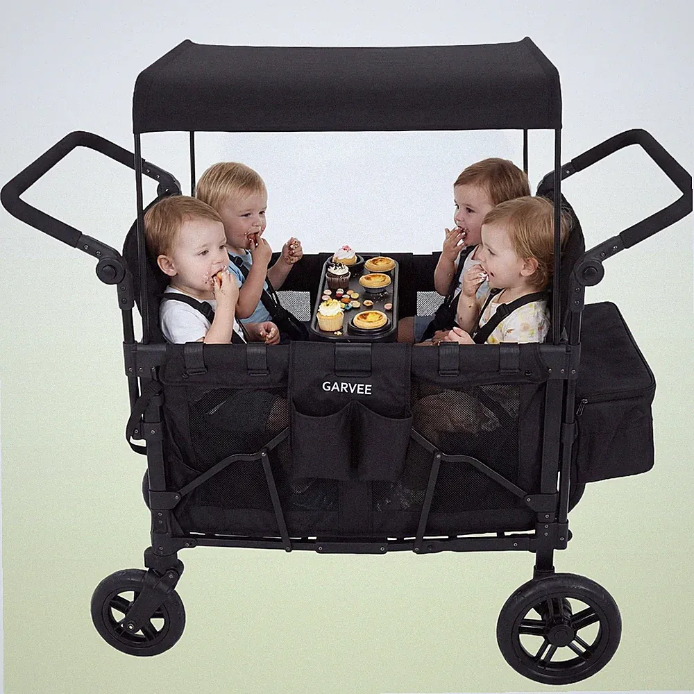 Duo Schiebegriff 4 Sitzer Bollerwagen Faltbar Dach PU Reifen mit Bremsen kinder