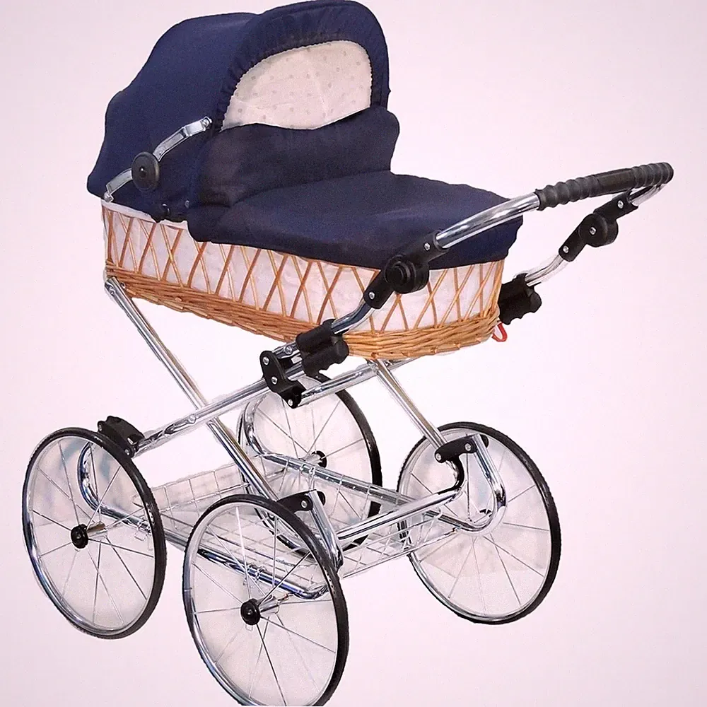 EICHHORN Korbkinderwagen - Retro Chrom / Stoff Marineblau - Weide Braun K041