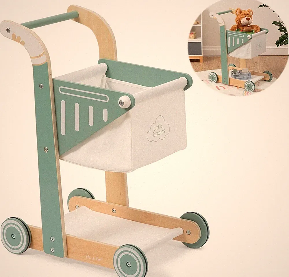 Einkaufswagen SHOPPY aus Holz für Kinder (Salbeigrün) Supermarktwagen Spielzeug