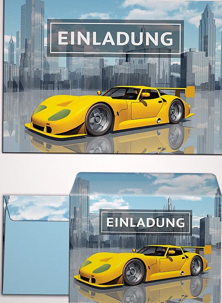 Einladungskarten mit Umschlägen zum Kindergeburtstag Rennauto Sportwagen Jungen