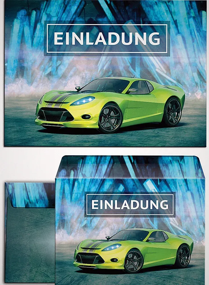 Einladungskarten mit Umschlägen zum Kindergeburtstag Rennauto Sportwagen Jungen