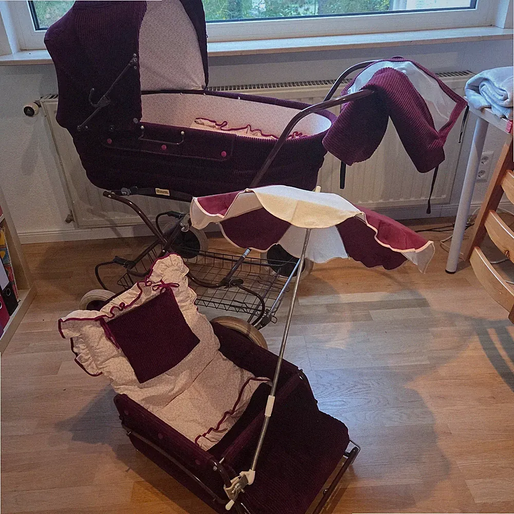 🌻Ellermann Kinderwagen Triset weinrot Cord mit Zubehör 80er Jahre Vintage🌻