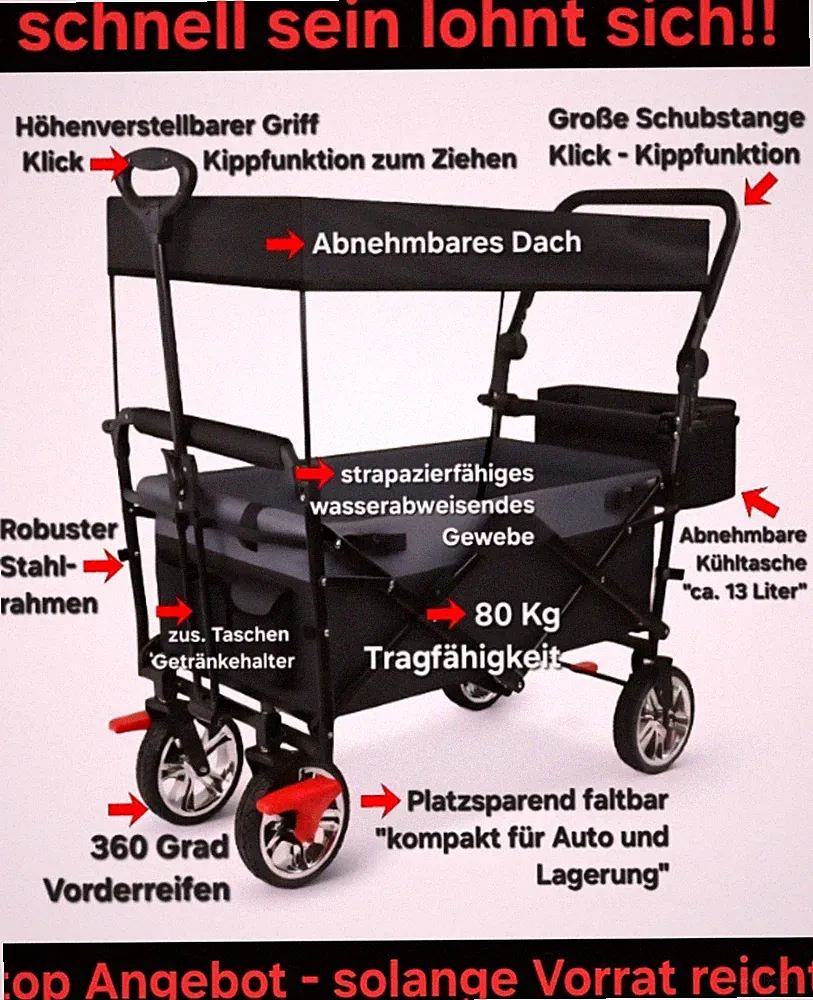 Falt Bollerwagen Handwagen Kinder Buggy Trolley Strandwagen bis 80 Kg Kühltasche