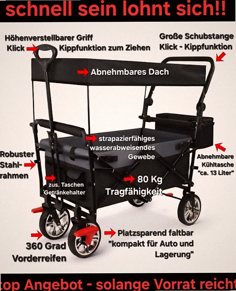 Falt Bollerwagen Handwagen Kinder Buggy Trolley Strandwagen bis 80 Kg Kühltasche