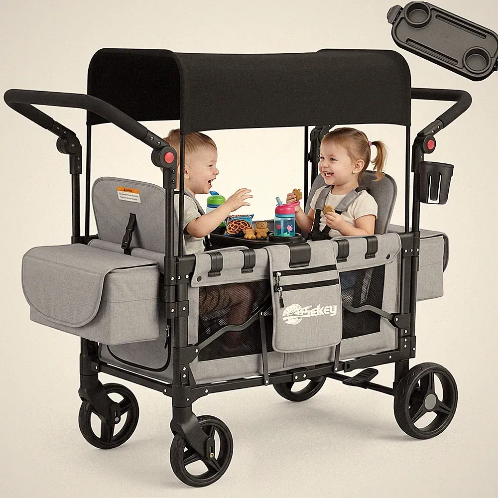 Faltbar Bollerwagen mit Dach für 2 Kinder zum Sitzen Kinderwagen Doppelsitz