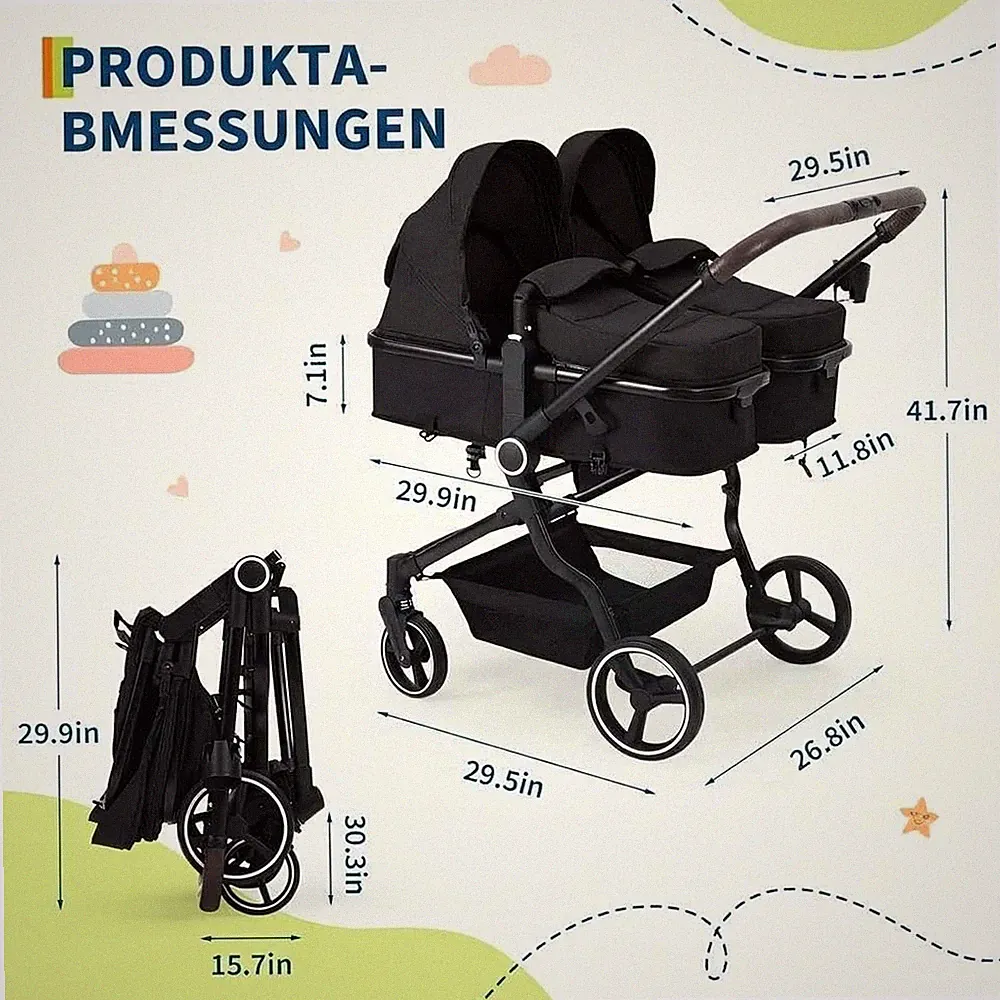 Faltbar Zwillingswagen Zwillingsbuggy Geschwisterbuggy Buggy Kinderwagen 2Color