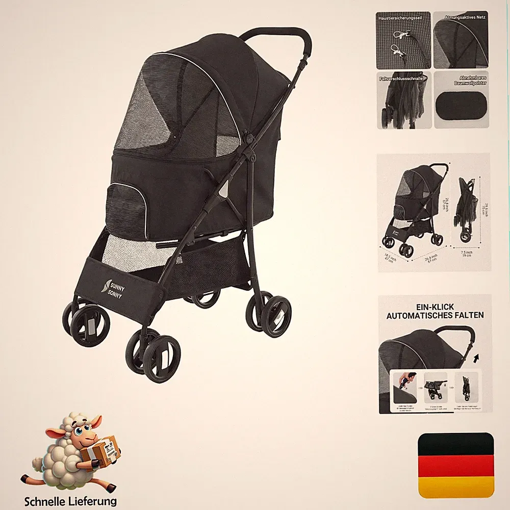 Faltbarer Haustier-Kinderwagen Sunny Sonny mit Wetterabdeckung und Aufbewahru...