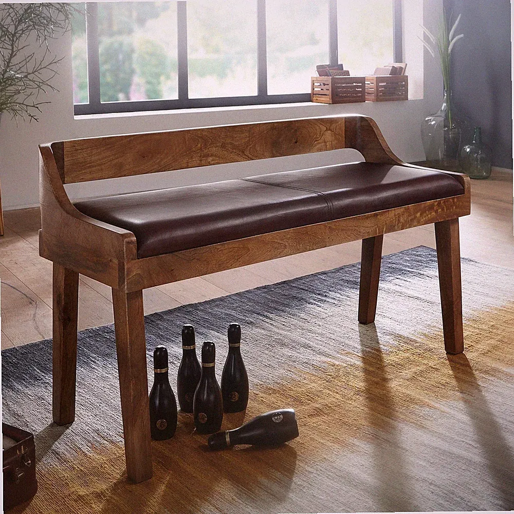 Gepolsterte Sitzbank mit Lehne 108cm Massivholz Echtleder Bank Garderobenbank