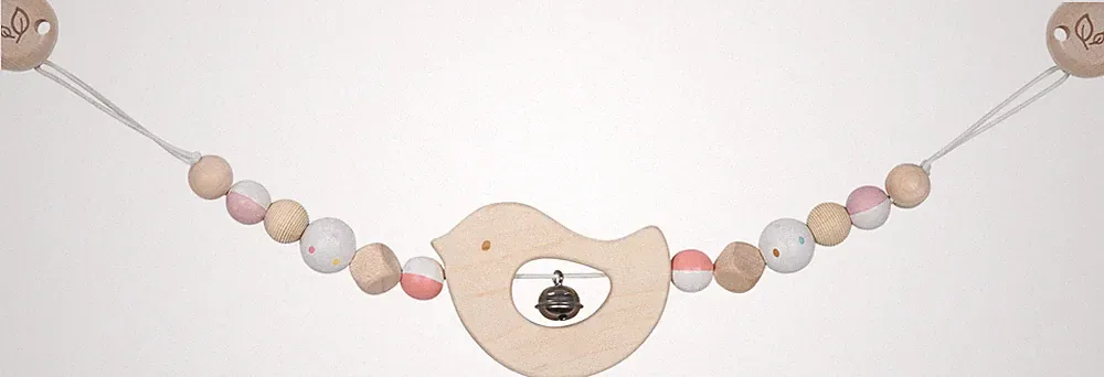goki Kinderwagenkette Vogel, natur und rosa