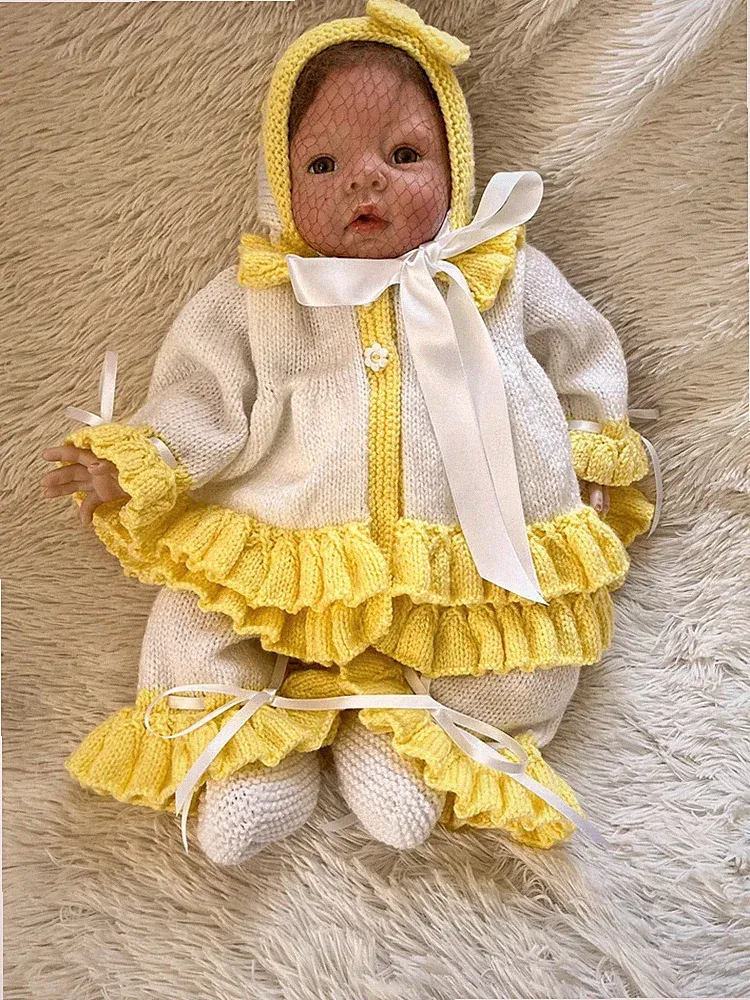 Handgestrickter Mädchen weiß/gelb DK Kinderwagen Set 0-3 Monate oder 19-21 Zoll Reborn Puppe