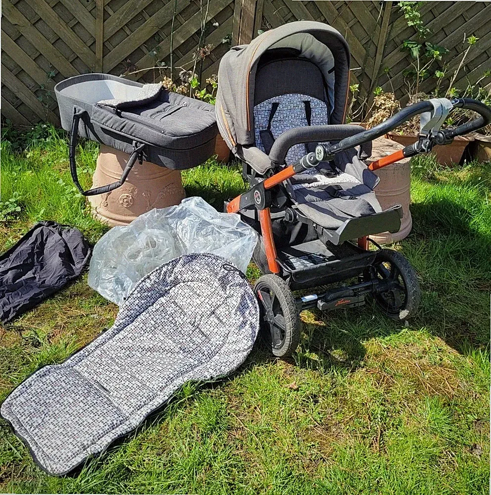 Hartan Kombikinderwagen & Sportwagen mit Babywanne, Sonnendach grau/orange