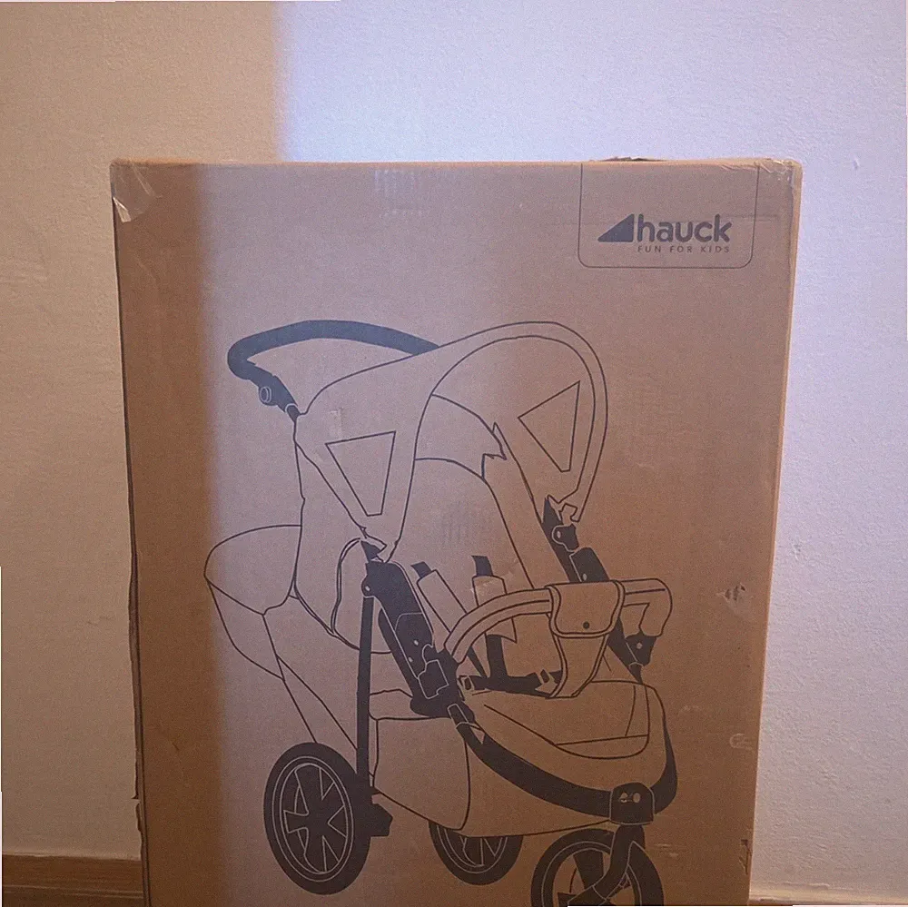 Hauck 2-in-1-Kinderwagen/Dreirad mit Originalkarton; Abbildung auf dem Karton.