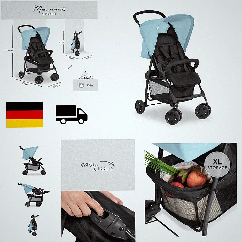 hauck Buggy Sport 5,9 kg Federleicht Liegefunktion Klein Zusammenklappbar Eink