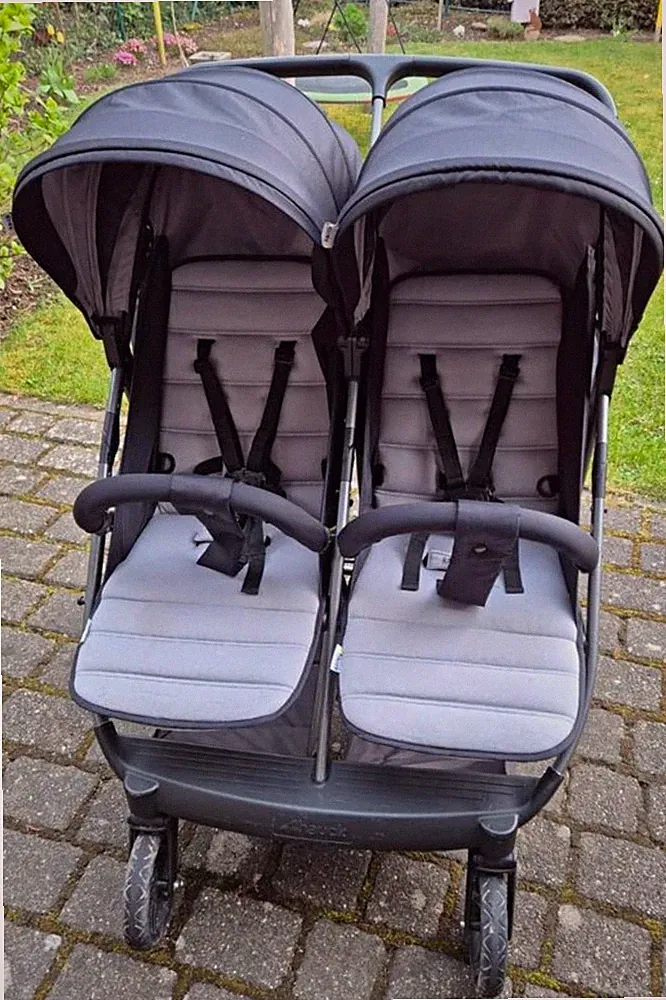 Hauck Zwillingsbuggy Zweisitzer Buggy Kinderwagen Schwarz/Grau Verdeck 5-Punkt