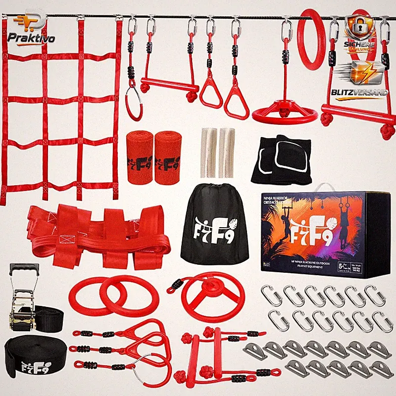 Hindernisparcours 18m Spielset mit Slackline Kletterstangen 165kg für Kinder