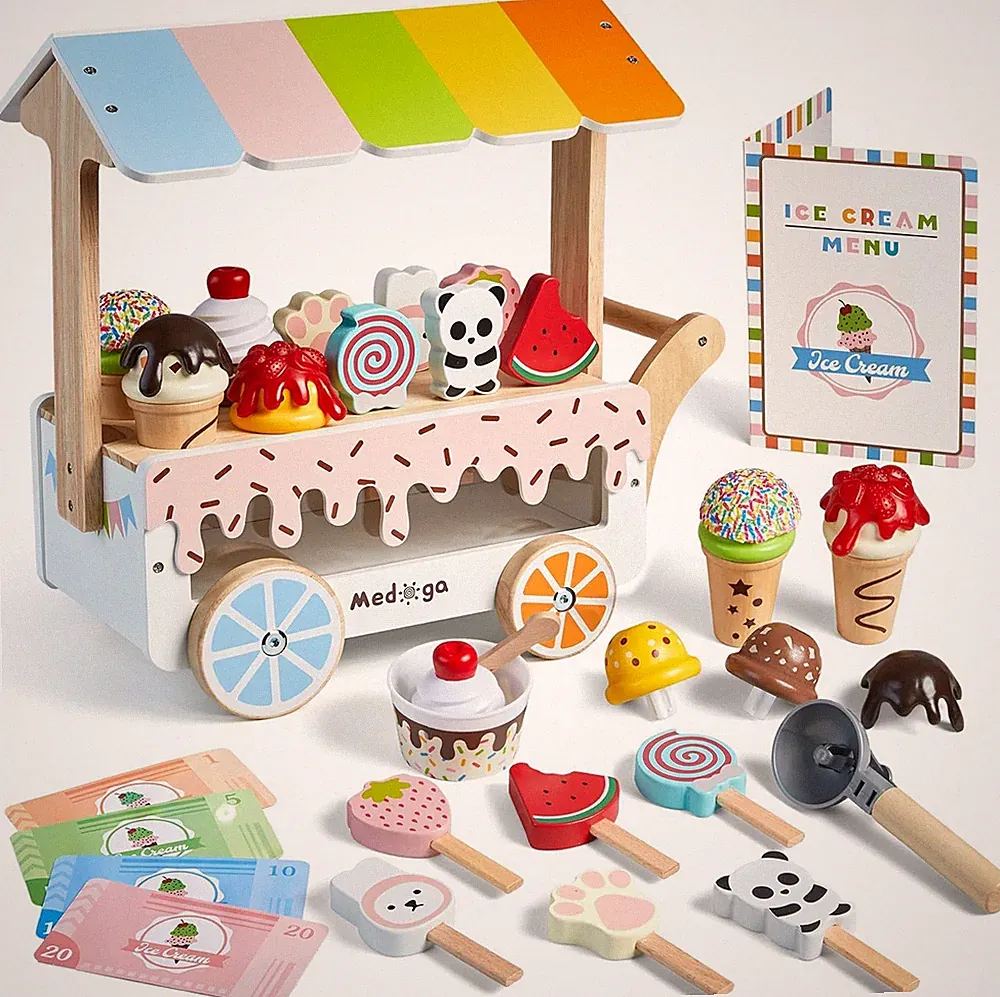 Holz Eiswagen Spielzeug Spielset Eiscreme Spielzeug Hölzerndes Set für Kinder
