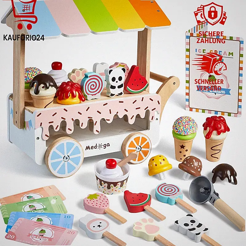 Holz Eiswagen Spielzeugset mit Eiscreme und Zubehör für Kinder ab 3 Jahren
