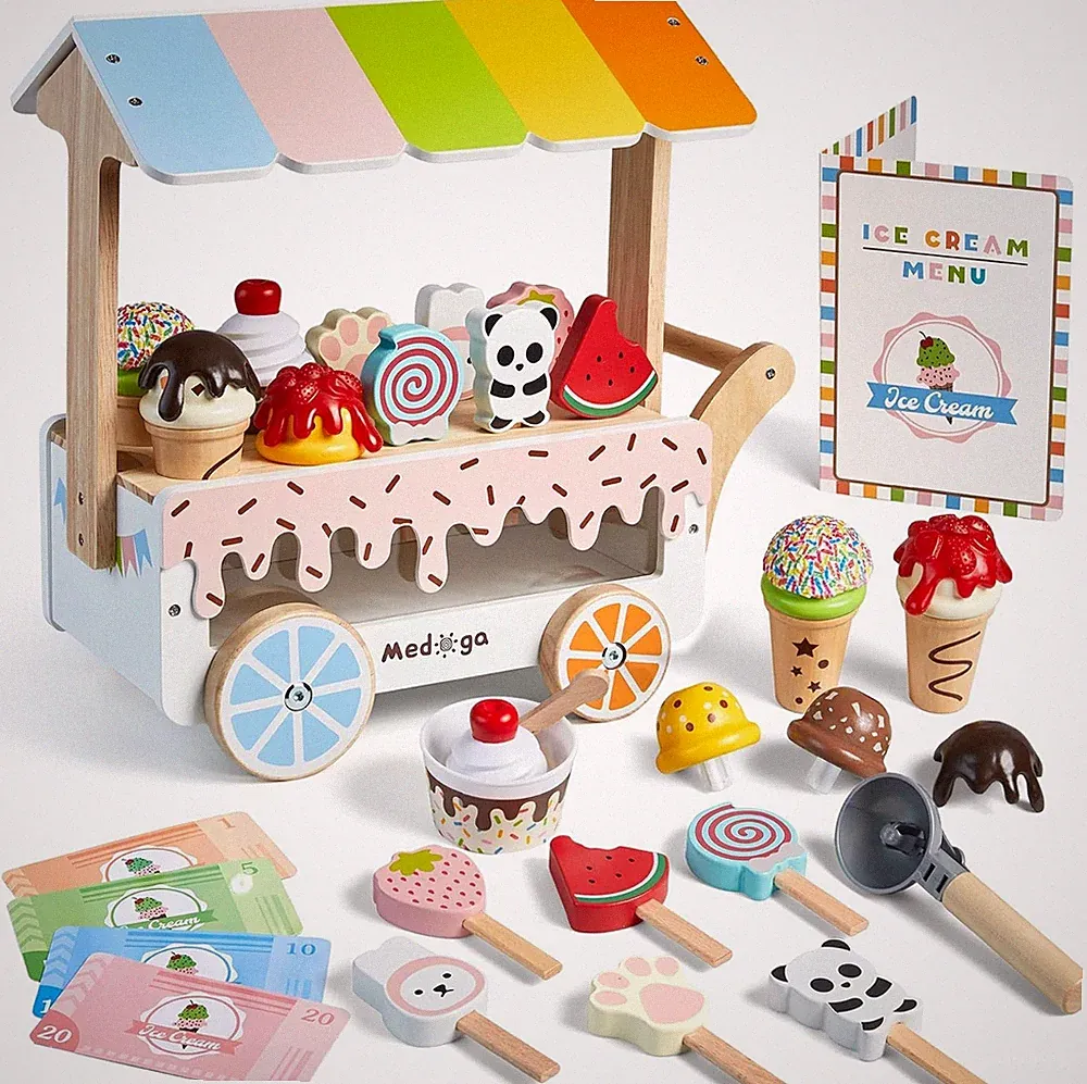 Holzeiswagen mit Eiscreme-Spielzeug, Holzspielzeug Geschenk für Kinder 3-8 Jahre