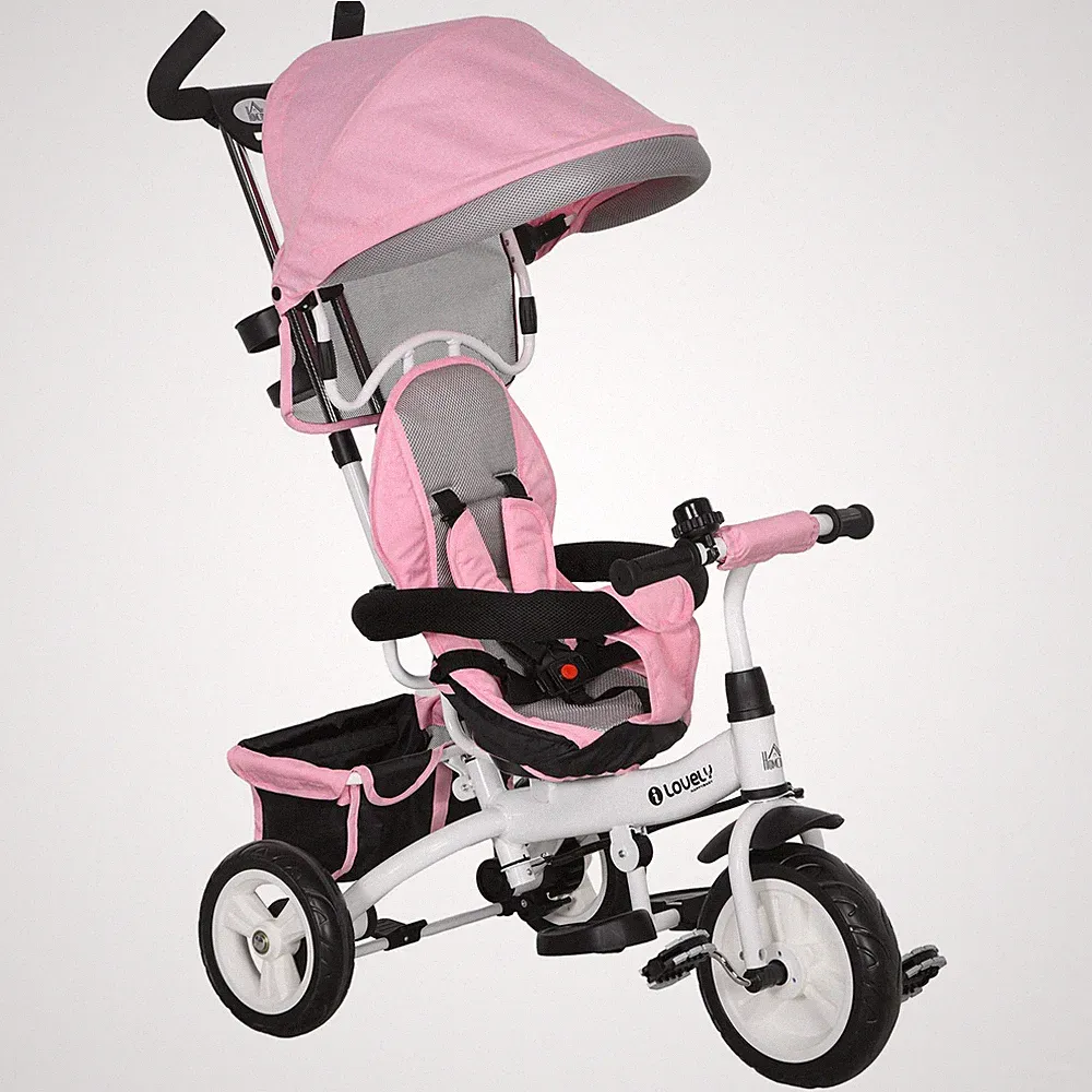HOMCOM 6 in 1 Kinder Trike, Kinderwagen mit Elterngriff, rosa