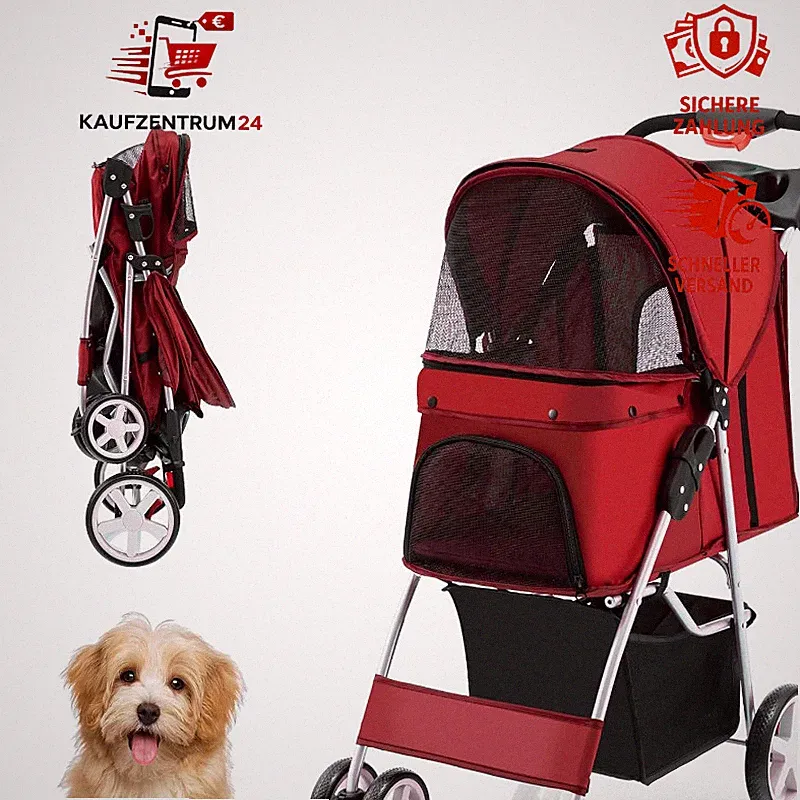 Hundewagen Buggy bis 15 kg Faltbar mit Netzfenstern Getränkehalter Korb Rot