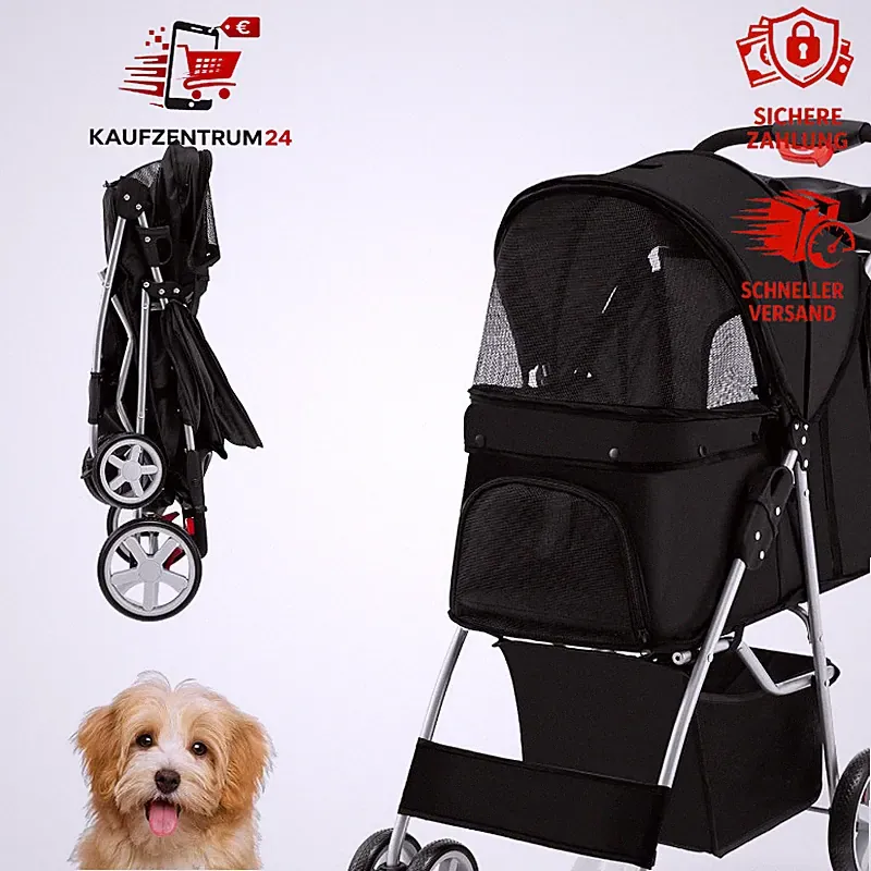 Hundewagen Buggy bis 15 kg Faltbar mit Netzfenstern Getränkehalter Korb Schwarz