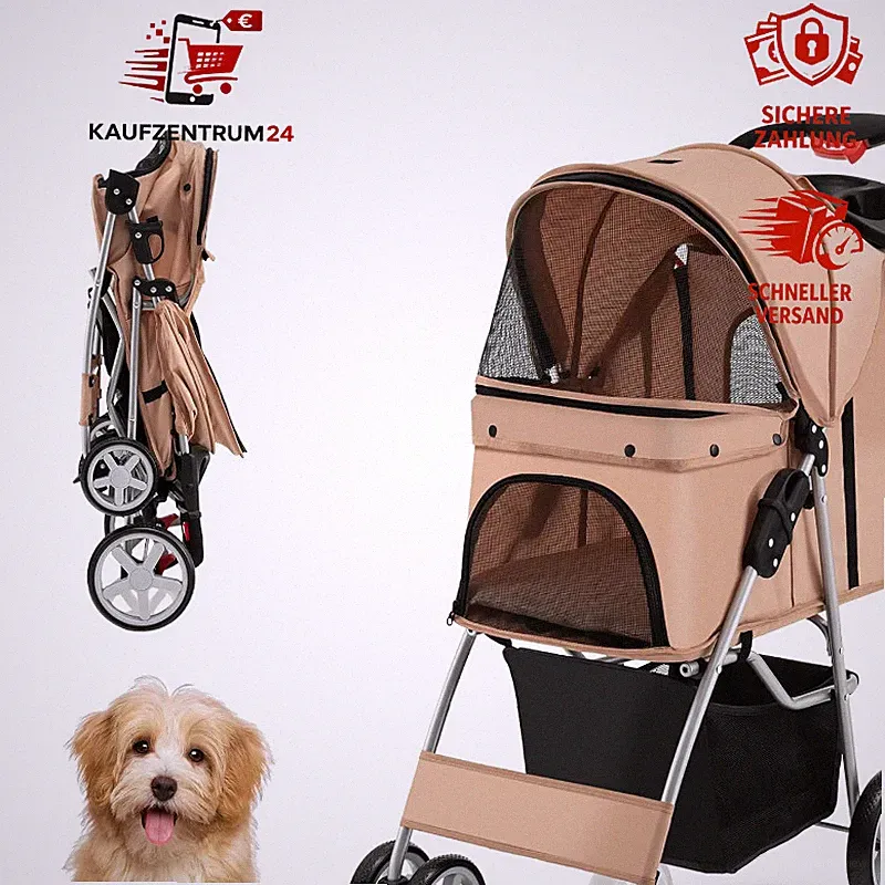 Hundewagen Buggy Faltbar bis 15 kg mit Netzfenstern Getränkehalter Korb Beige