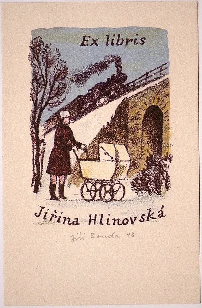 JIRI BOUDA: Exlibris für Jirina Hlinovska, Eisenbahn, Kinderwagen