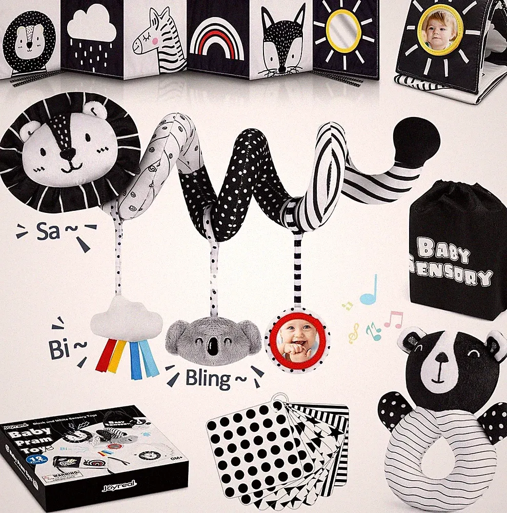 Joyreal Kinderwagen Spielzeug - Schwarz Weiss Spielzeug Stoffbuch, Kontrastbuch