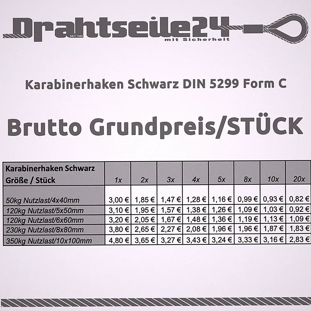 Karabiner Haken Schwarz matt DIN 5299 4x40mm 5x50mm 6x60mm 10x100mm