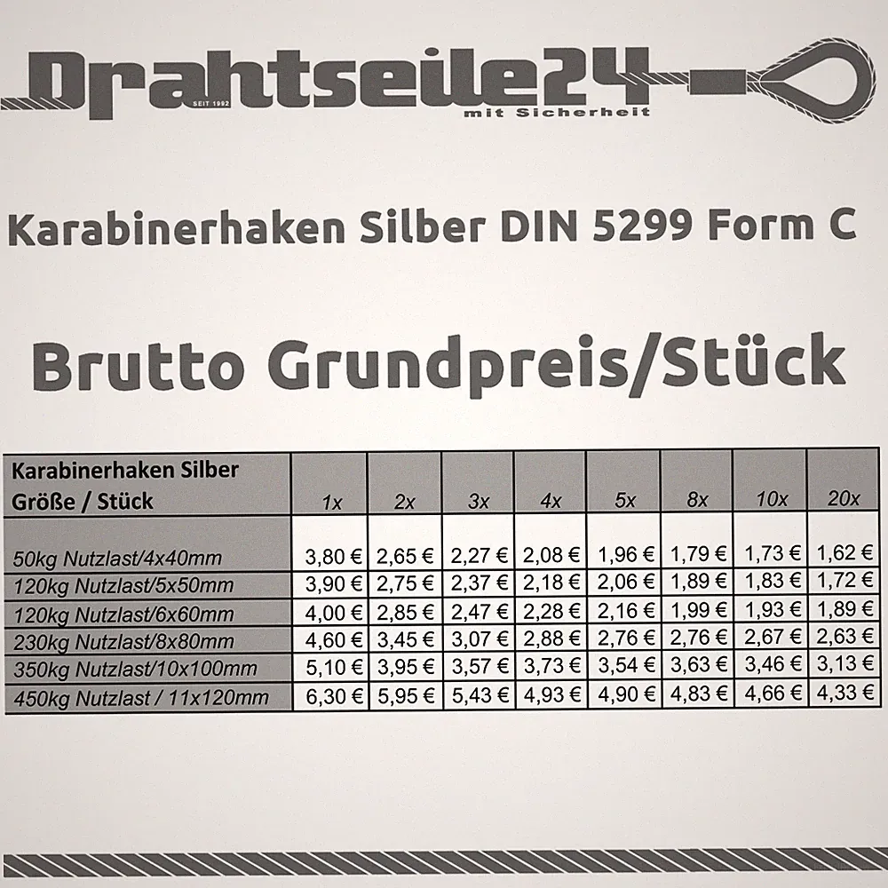 Karabiner Haken Silber Verzinkt DIN 5299 4x40 5x50 6x60 8x80 10x100 11x120