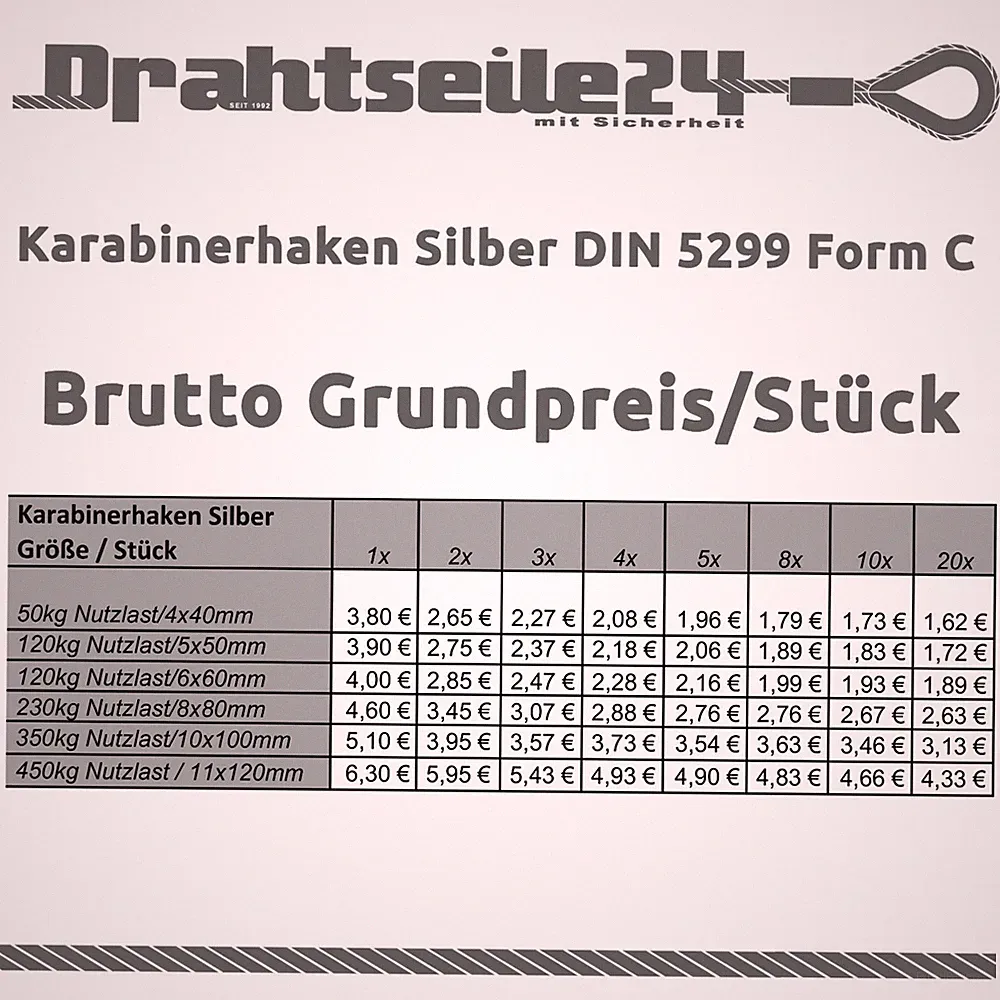 Karabiner Haken Silber Verzinkt DIN 5299 4x40 5x50 6x60 8x80 10x100 11x120