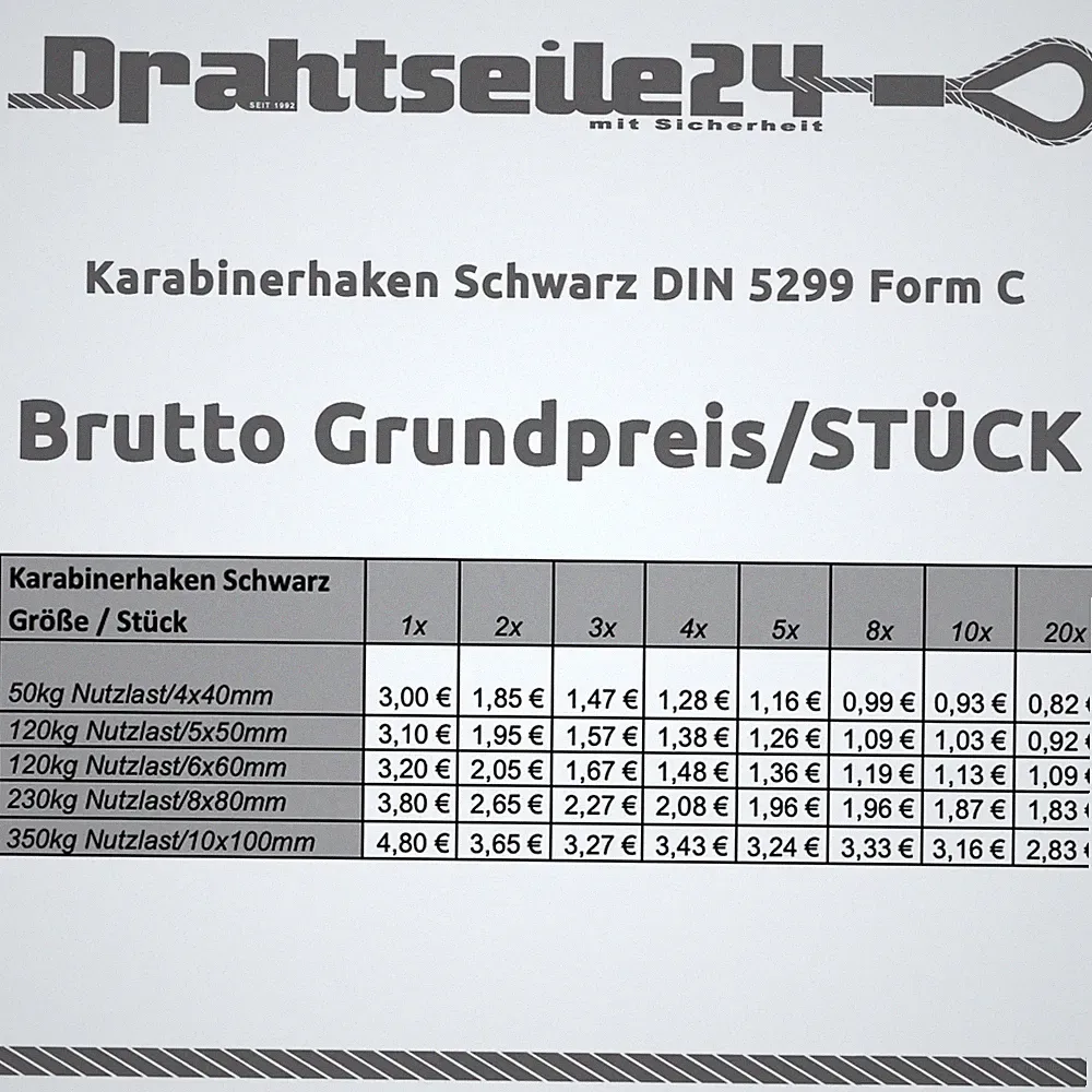Karabinerhaken Schwarz matt Stahl DIN 5299 Form C 4x40 5x50 6x60 10x100