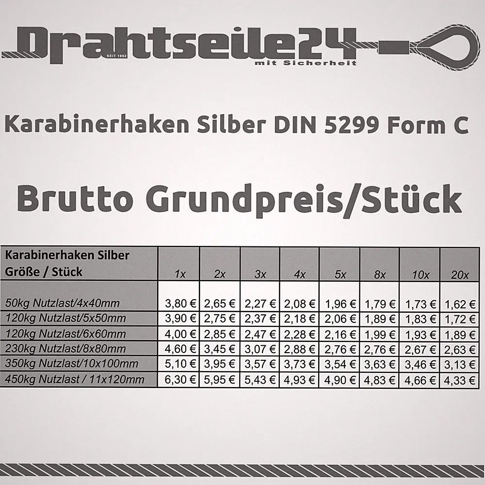 Karabinerhaken Silber Stahl Verzinkt DIN 5299 4x40 5x50 6x60 8x80 10x100 11x120