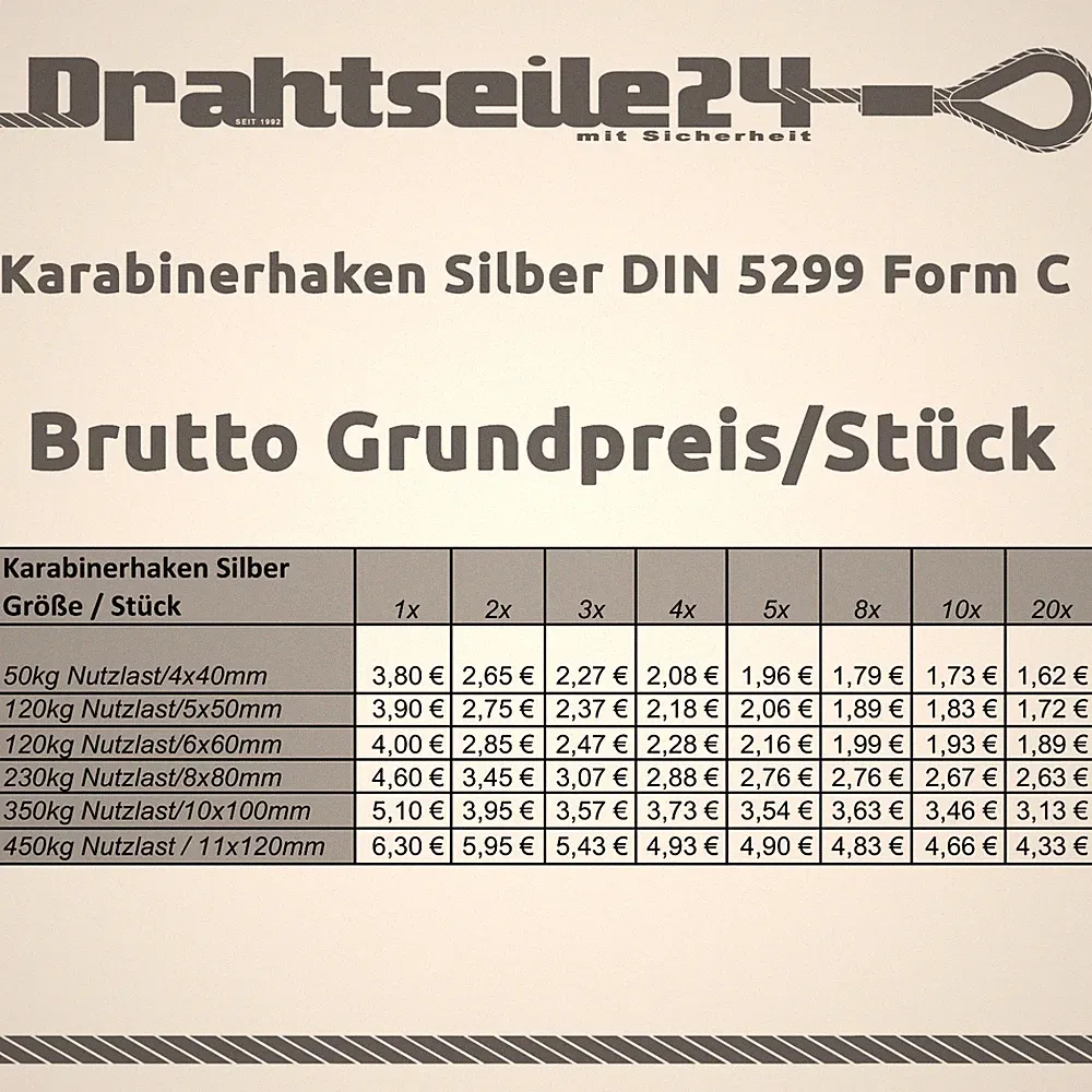 Karabinerhaken Silber Stahl Verzinkt DIN 5299 4x40 5x50 6x60 8x80 10x100 11x120