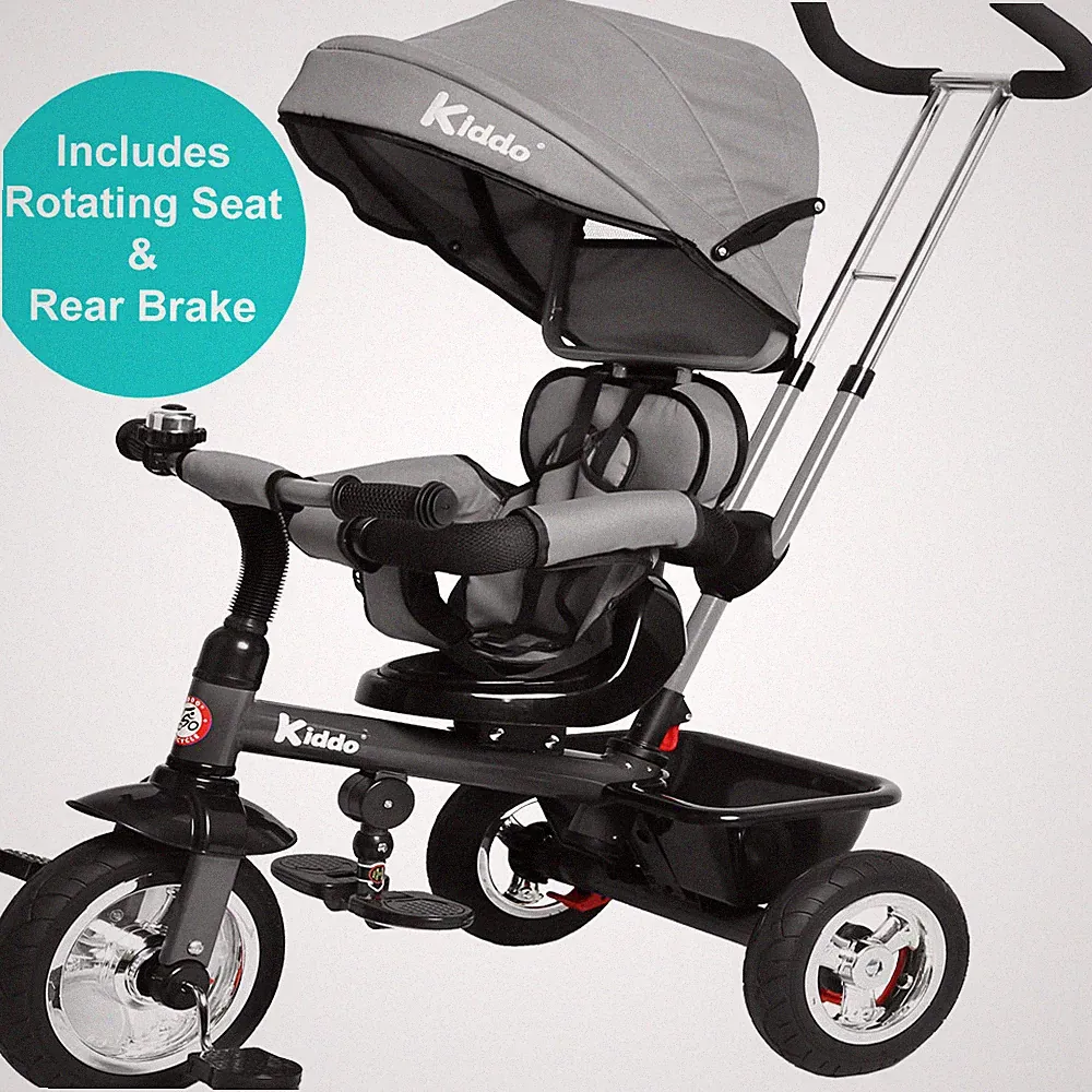 Kiddo Baby Kinder 4in1 Dreirad Fahrrad Ride on Trike Kinderwagen 3 Räder Verdeck grau